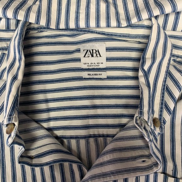 -New! Mens Zara Pinstripe Blue White Button Up Long Sleeve Relaxed Fit Size XL - Picture 4 of 4